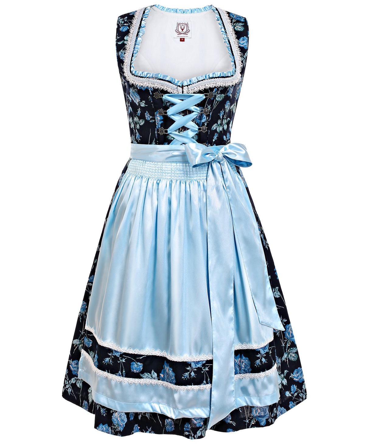 DIRNDLSTERN Dirndl Damen Mini Blau - Trachtenkleid Baumwolle mit Blumenmuster Dirndlkleid mit Schürze und Ersatzknöpfen Ausgestattet
