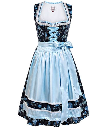 DIRNDLSTERN Dirndl Damen Mini Blau - Trachtenkleid Baumwolle mit Blumenmuster Dirndlkleid mit Schürze und Ersatzknöpfen Ausgestattet