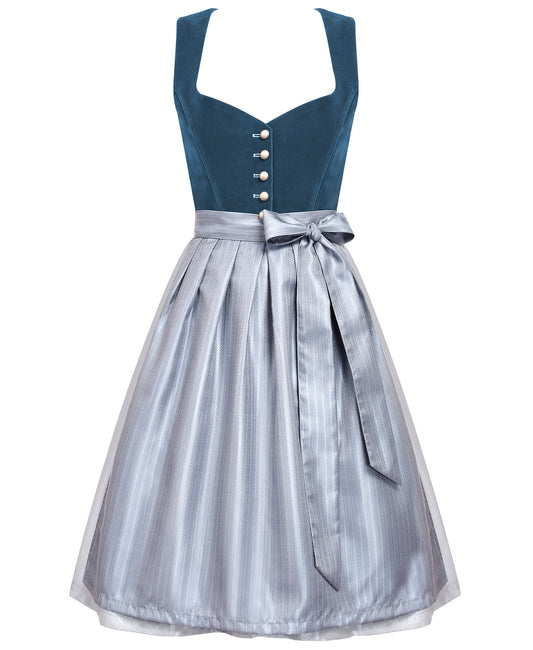 DIRNDLSTERN Dirndl Damen Midi Blau - Dirndlkleid Samt Trachtenmode Kleid mit Dirndlschürze Trachtenkleid für Oktoberfest