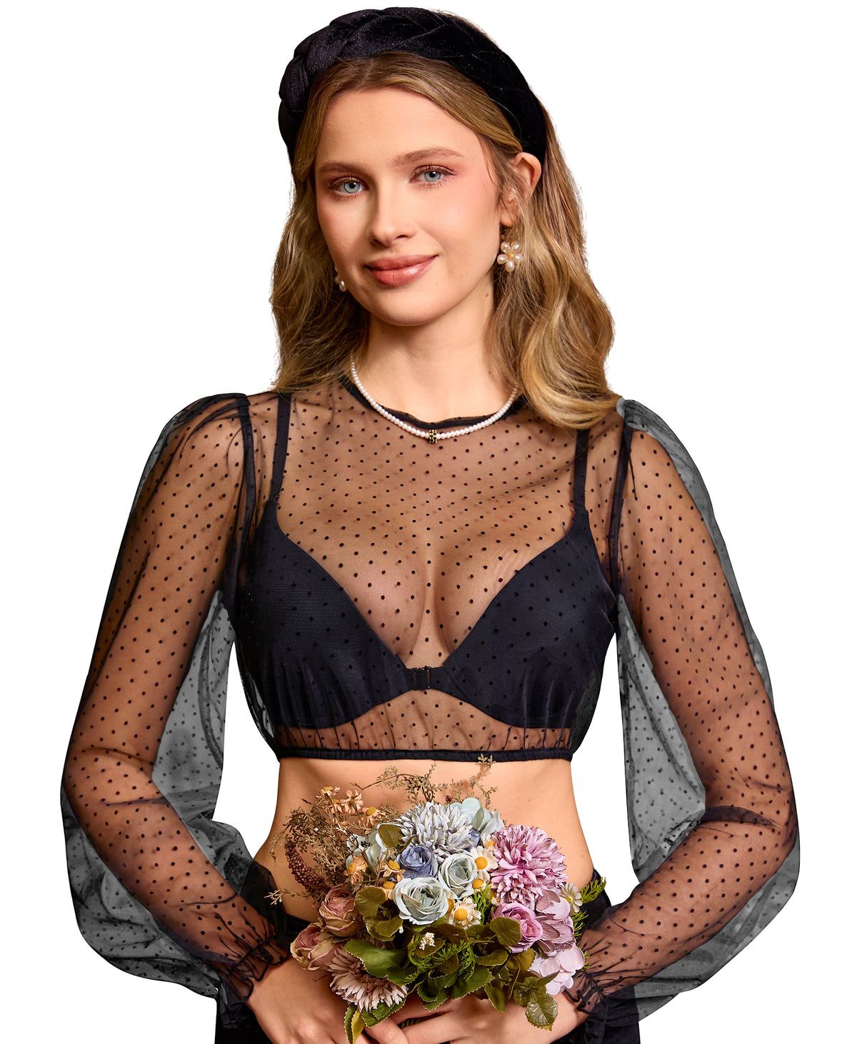 DIRNDLSTERN Bluse Damen Langarm – Dirndlbluse Transparent mit Punkten Trachtenbluse Puffärmel für Oktoberfest & Bayerische
