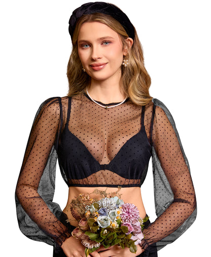 DIRNDLSTERN Bluse Damen Langarm – Dirndlbluse Transparent mit Punkten Trachtenbluse Puffärmel für Oktoberfest & Bayerische