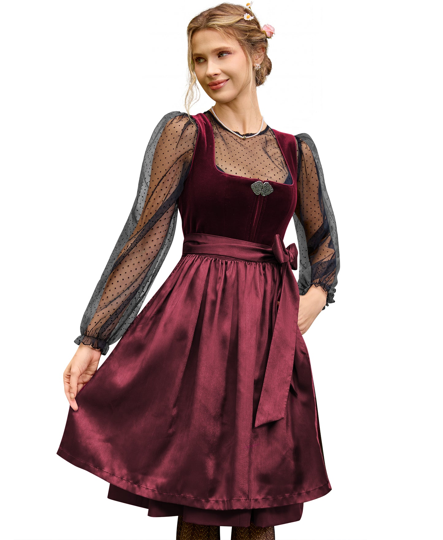 DIRNDLSTERN Damen Rot Trachtenkleid - Midi Oktoberfest Outfit Samt Dirndlkleid mit 60 cm Dirndlschürzen