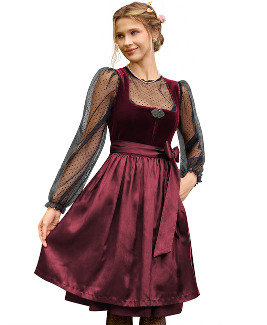 DIRNDLSTERN Damen Rot Trachtenkleid - Midi Oktoberfest Outfit Samt Dirndlkleid mit 60 cm Dirndlschürzen