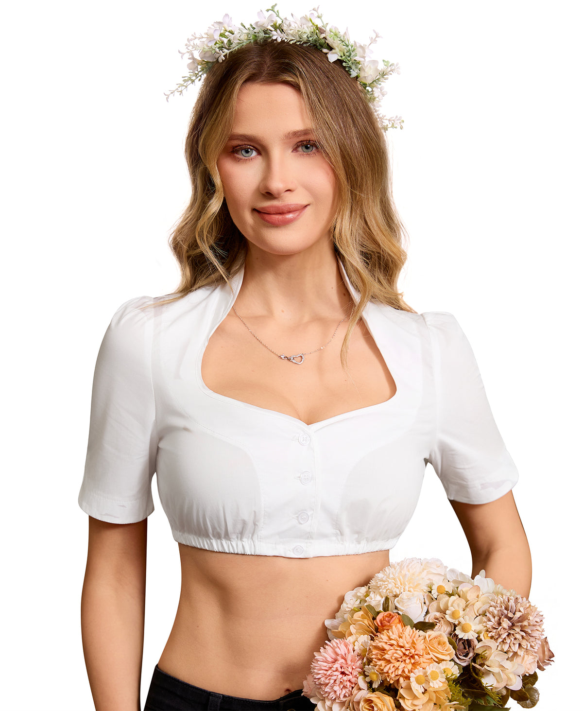 DIRNDLSTERN Bluse Damen Weiß - Dirndlbluse zum Knöpfen Trachtenbluse für Oktoberfest