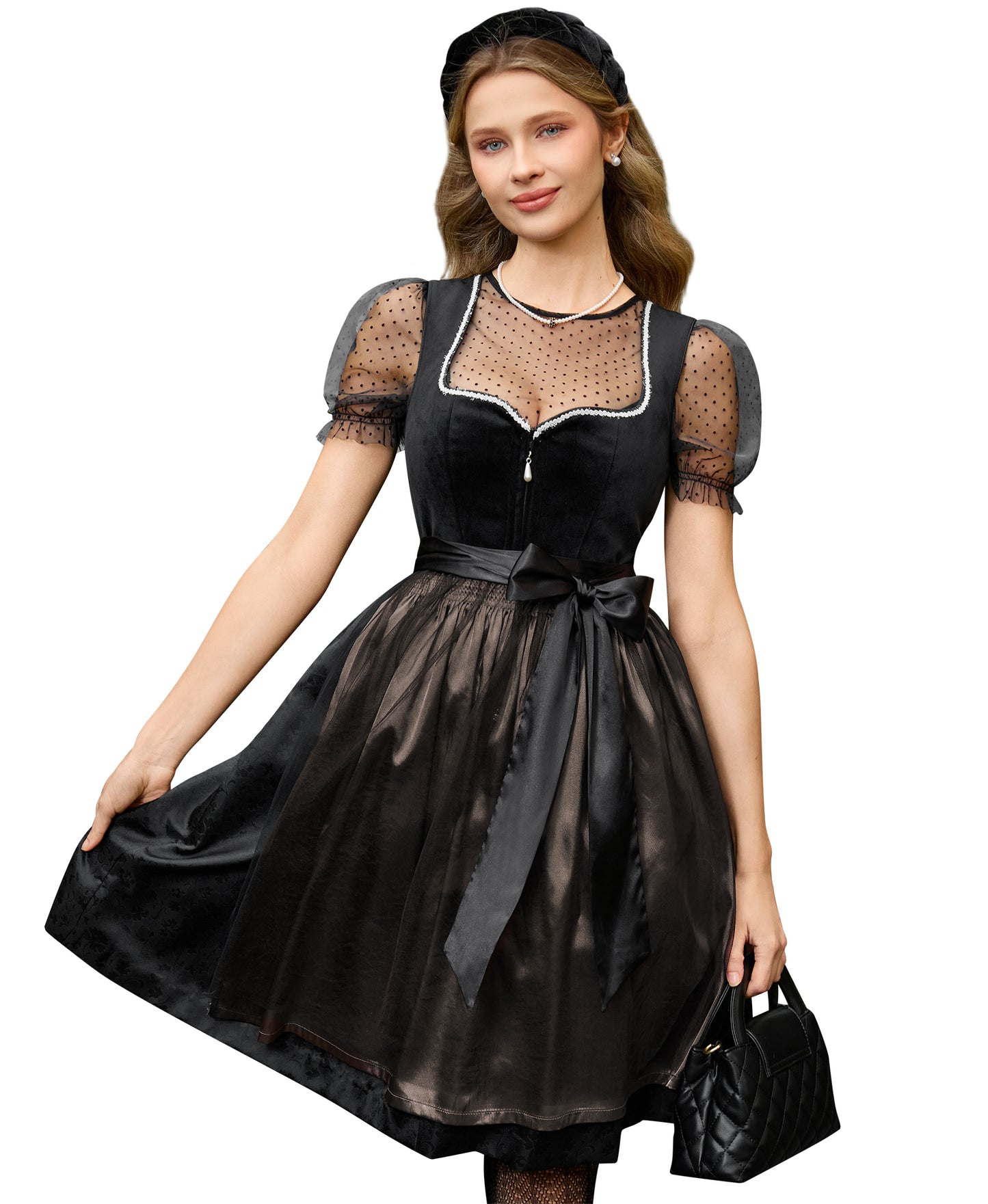DIRNDLSTERN Trachtenkleid Damen Schwarz - Samt Midi Oktoberfest Outfit Dirndlkleid mit Jacquard 2026 Schwarz