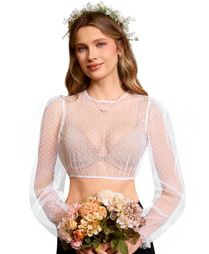DIRNDLSTERN Bluse Damen Langarm – Dirndlbluse Transparent mit Punkten Trachtenbluse Puffärmel für Oktoberfest & Bayerische