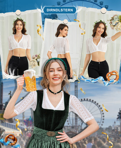 DIRNDLSTERN Dirndlbluse Damen Spitze Weiß Bluse Halbarm Trachtenbluse mit V-Ausschnitt für Oktoberfest