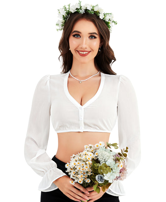 DIRNDLSTERN Bluse Damen Weiß - Dirndlbluse Langarm V-Ausschnitt Oktoberfest Bluse