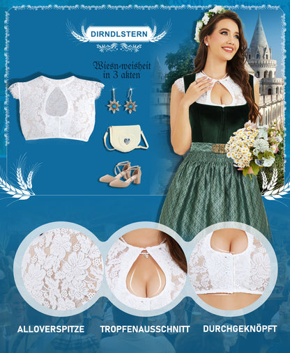 DIRNDLSTERN Damen Dirndlbluse Spitze Kurzarm - Bluse Weiß Elegante Trachtenbluse für Oktoberfest