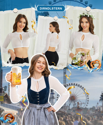 DIRNDLSTERN Dirndlbluse Damen Langarm Weiß Bluse Spitze Trachtenbluse Hochgeschlossen Elegant für Oktoberfest