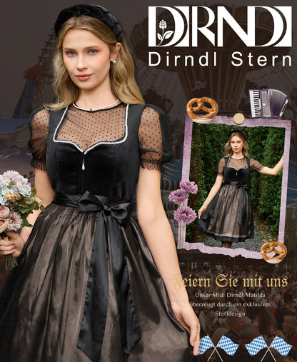 DIRNDLSTERN Trachtenkleid Damen Schwarz - Samt Midi Oktoberfest Outfit Dirndlkleid mit Jacquard 2026 Schwarz