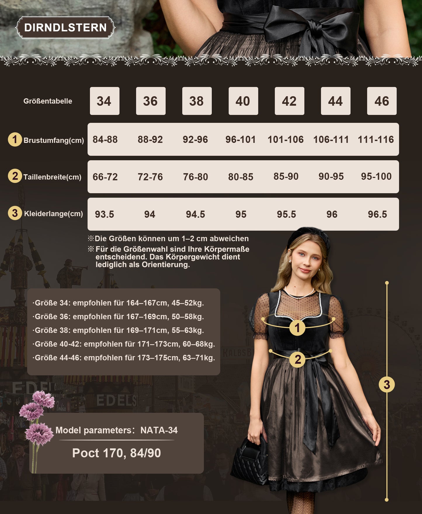 DIRNDLSTERN Trachtenkleid Damen Schwarz - Samt Midi Oktoberfest Outfit Dirndlkleid mit Jacquard 2026 Schwarz
