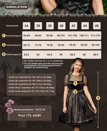 DIRNDLSTERN Trachtenkleid Damen Schwarz - Samt Midi Oktoberfest Outfit Dirndlkleid mit Jacquard 2026 Schwarz