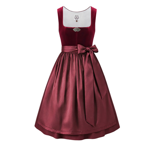 DIRNDLSTERN Damen Rot Trachtenkleid - Midi Oktoberfest Outfit Samt Dirndlkleid mit 60 cm Dirndlschürzen