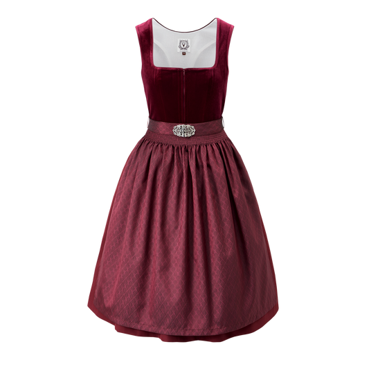 DIRNDLSTERN Damen Trachtenkleid Rot - Midi Dirndlkleid Oktoberfest Outfit Samt Trachtenrock mit 60 cm Dirndlschürzen
