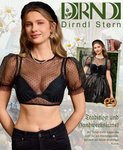DIRNDLSTERN Bluse Damen – Dirndlbluse Transparent mit Punkten Puffärmel Trachtenbluse Kurzarm für Oktoberfest & Bayerische