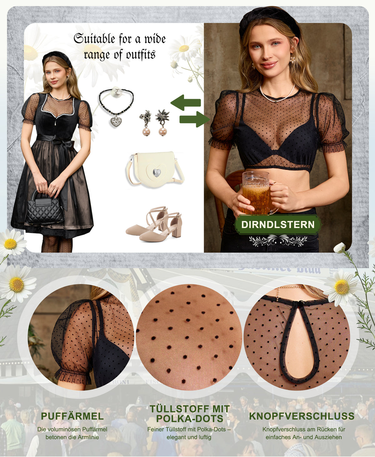 DIRNDLSTERN Bluse Damen – Dirndlbluse Transparent mit Punkten Puffärmel Trachtenbluse Kurzarm für Oktoberfest & Bayerische