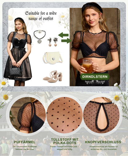 DIRNDLSTERN Bluse Damen – Dirndlbluse Transparent mit Punkten Puffärmel Trachtenbluse Kurzarm für Oktoberfest & Bayerische