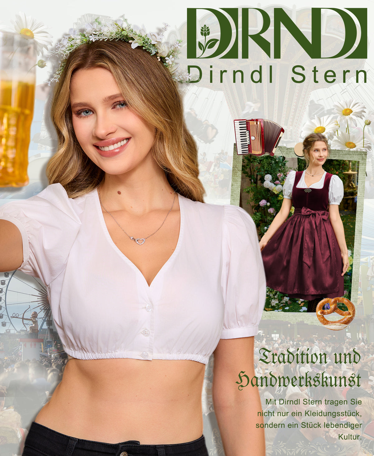 DIRNDLSTERN Bluse Damen Weiß - Dirndlbluse Puffärmel Trachtenbluse Damen Modern Oktoberfest