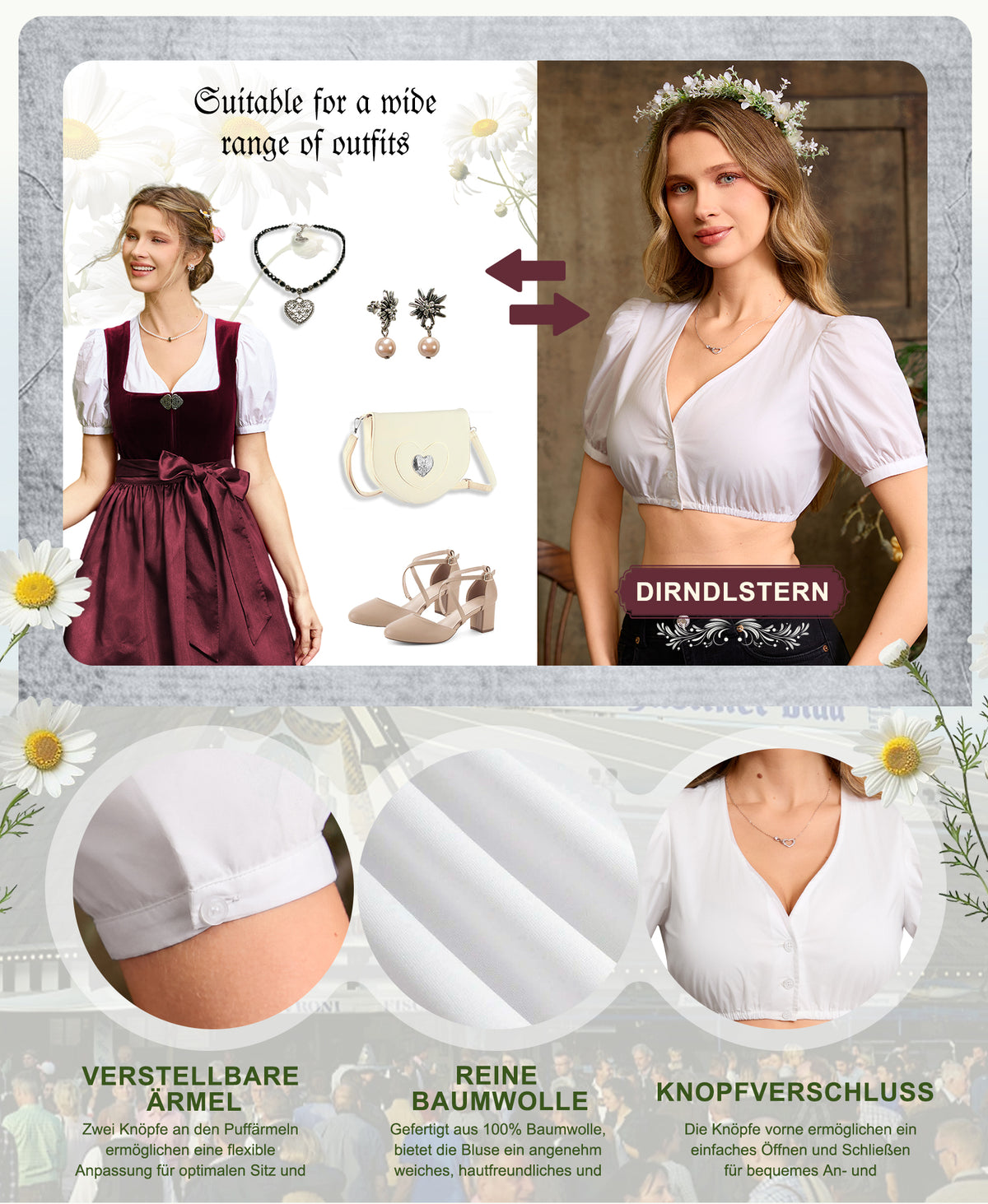 DIRNDLSTERN Bluse Damen Weiß - Dirndlbluse Puffärmel Trachtenbluse Damen Modern Oktoberfest