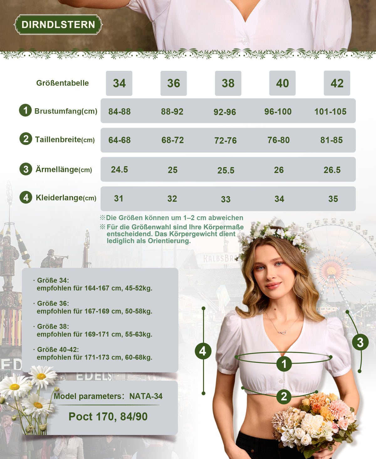 DIRNDLSTERN Bluse Damen Weiß - Dirndlbluse Puffärmel Trachtenbluse Damen Modern Oktoberfest
