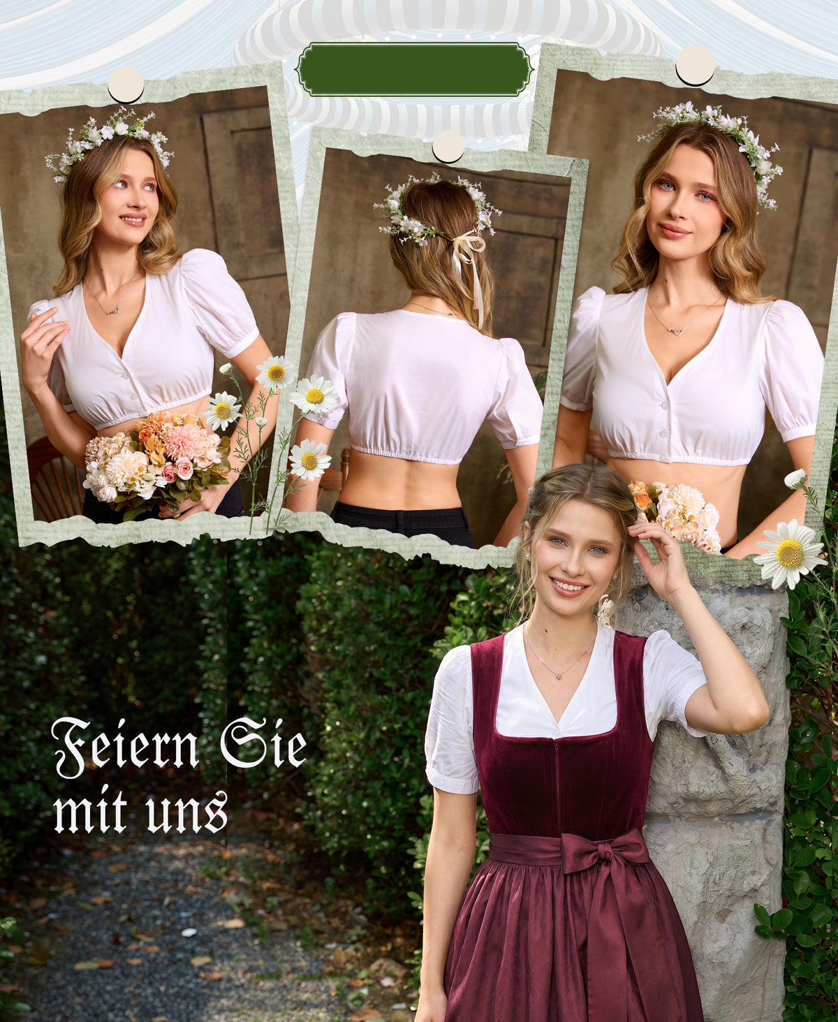 DIRNDLSTERN Bluse Damen Weiß - Dirndlbluse Puffärmel Trachtenbluse Damen Modern Oktoberfest