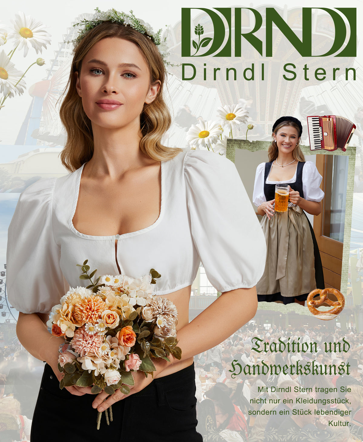 DIRNDLSTERN Dirndlbluse Damen Puffärmel Weiß Bluse zum knöpfen Trachtenbluse Modern für Oktoberfest