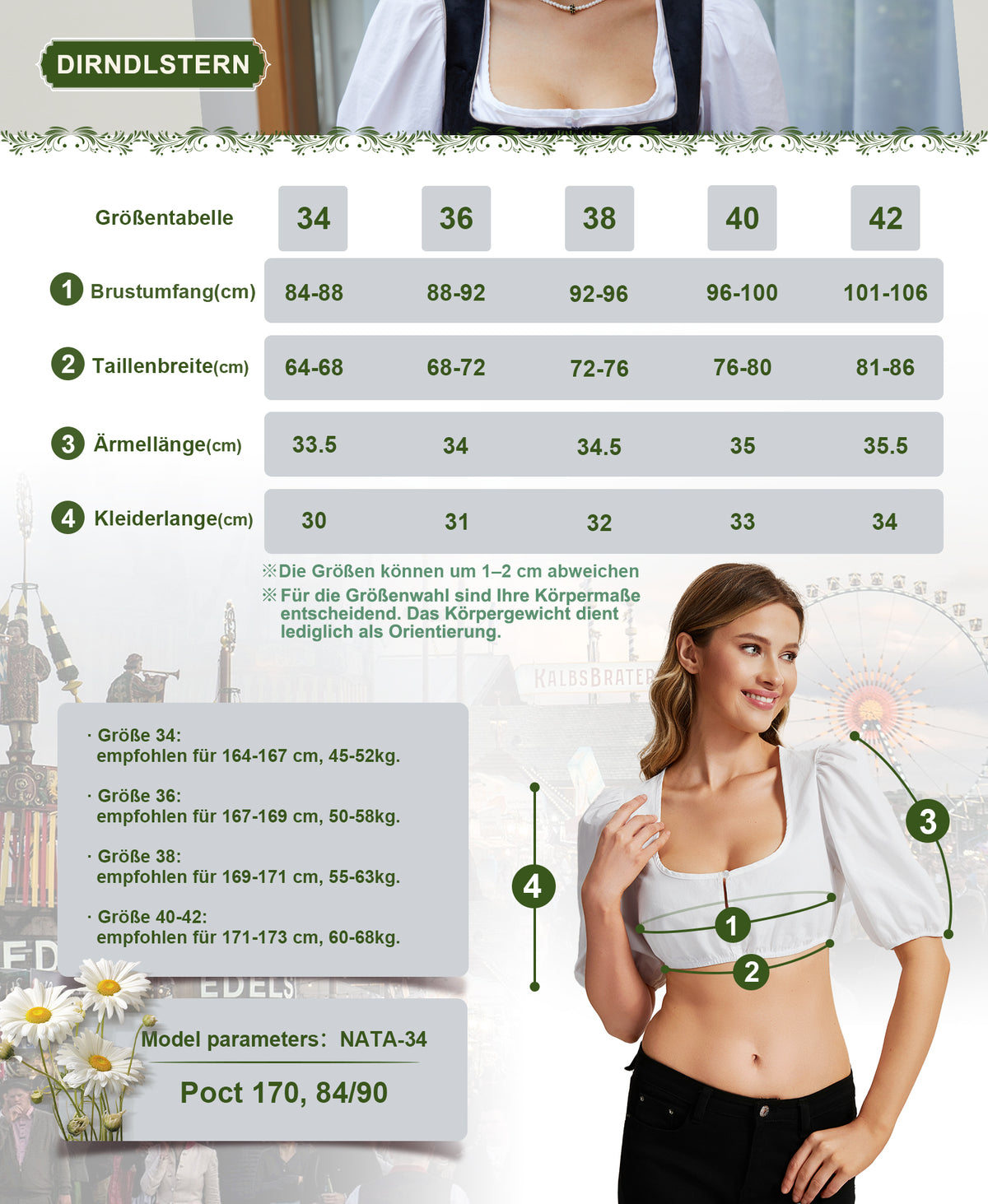 DIRNDLSTERN Dirndlbluse Damen Puffärmel Weiß Bluse zum knöpfen Trachtenbluse Modern für Oktoberfest
