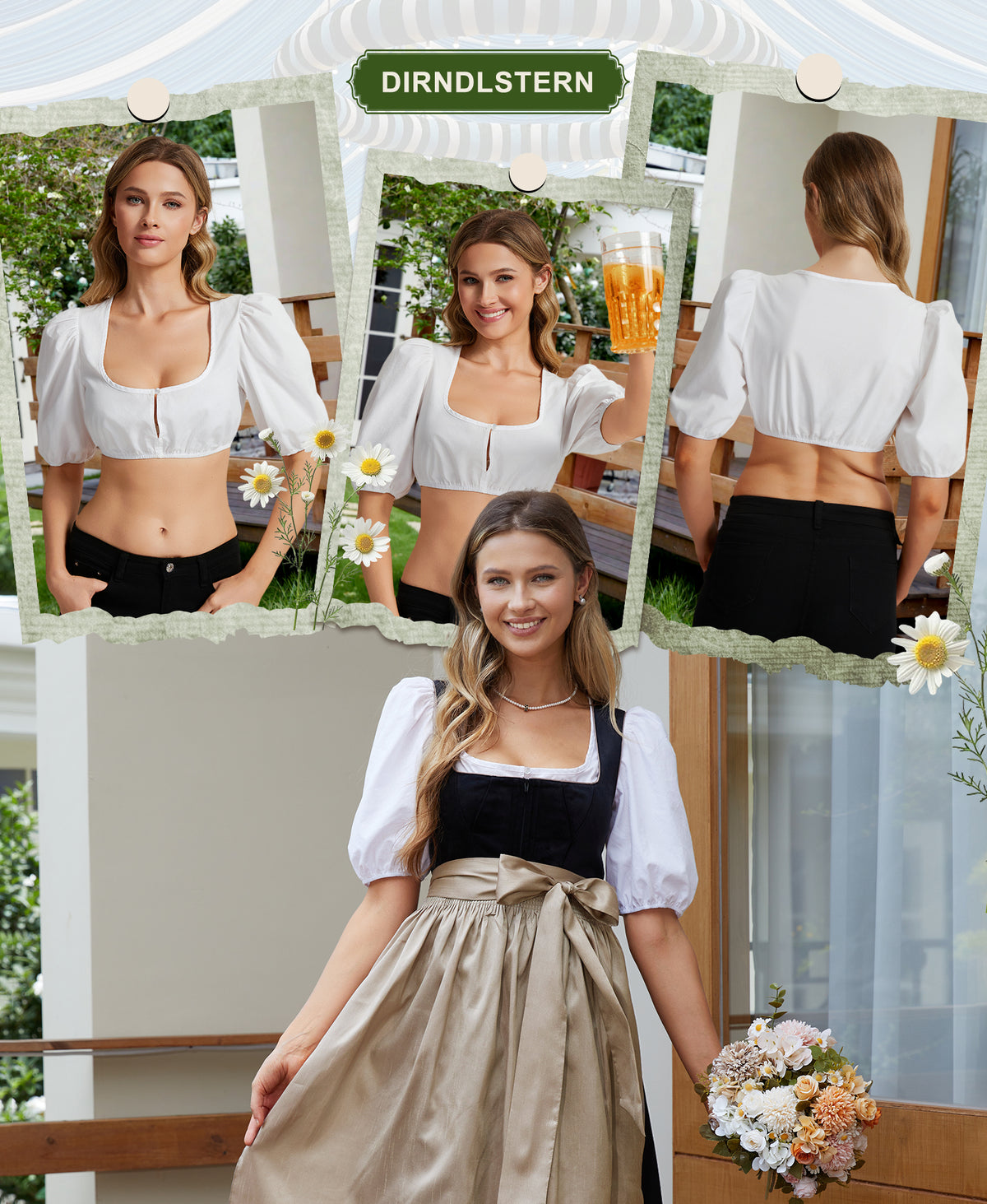 DIRNDLSTERN Dirndlbluse Damen Puffärmel Weiß Bluse zum knöpfen Trachtenbluse Modern für Oktoberfest