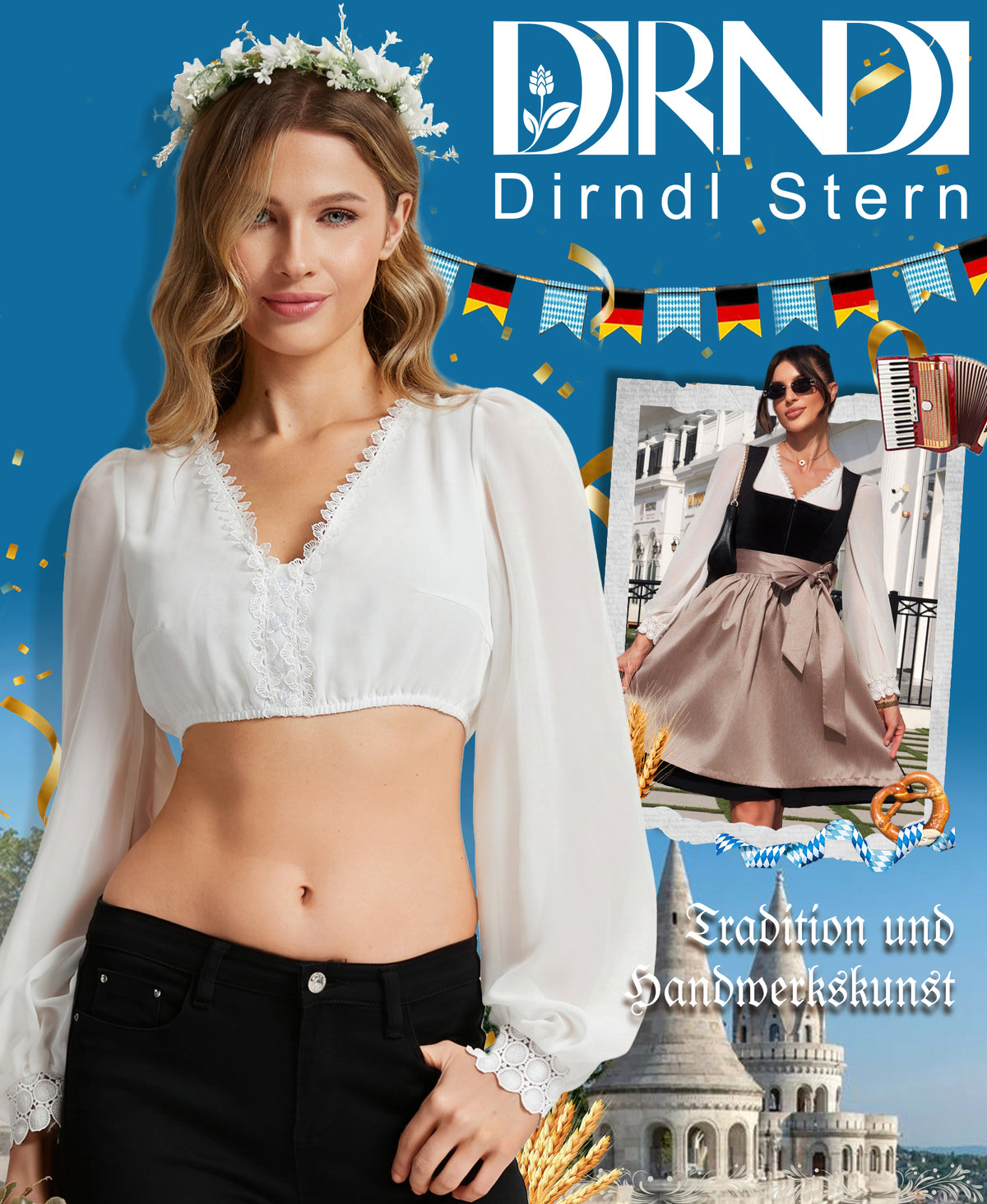 DIRNDLSTERN Trachtenbluse Damen Dirndlbluse Langarm - Weiß V-Ausschnitt Oktoberfest Bluse mit Puffärmel