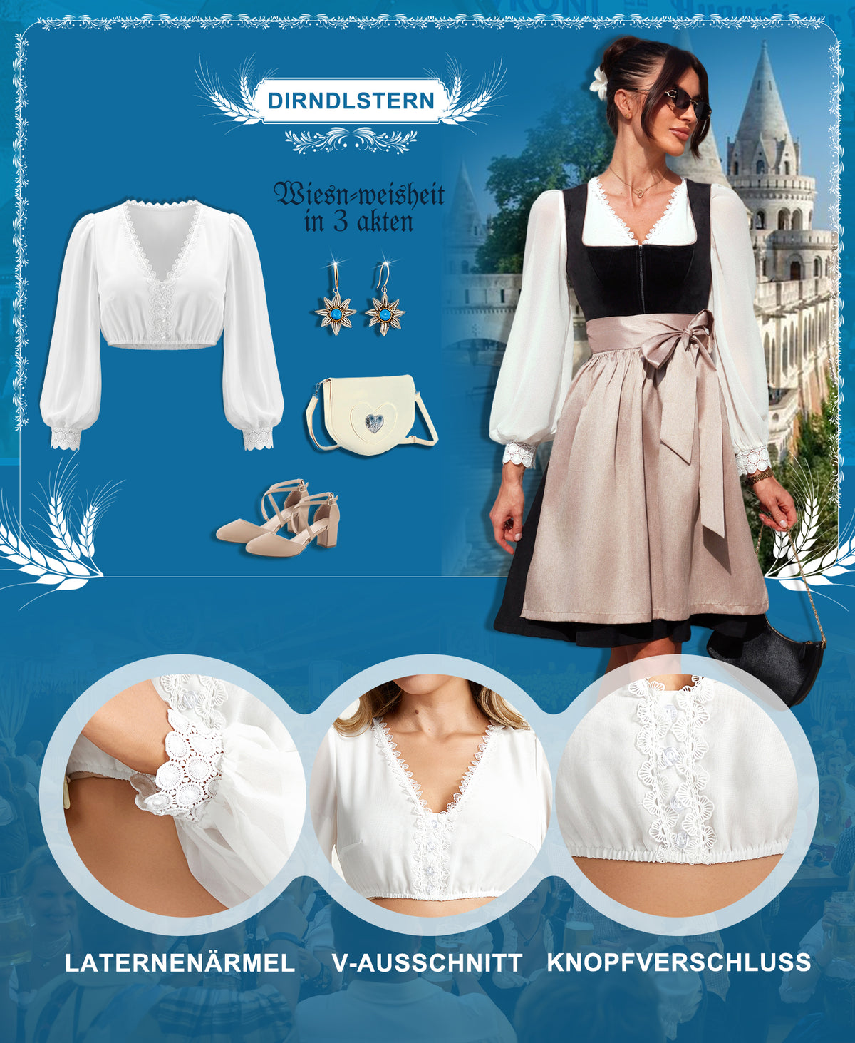 DIRNDLSTERN Trachtenbluse Damen Dirndlbluse Langarm - Weiß V-Ausschnitt Oktoberfest Bluse mit Puffärmel