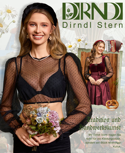 DIRNDLSTERN Bluse Damen Langarm – Dirndlbluse Transparent mit Punkten Trachtenbluse Puffärmel für Oktoberfest & Bayerische