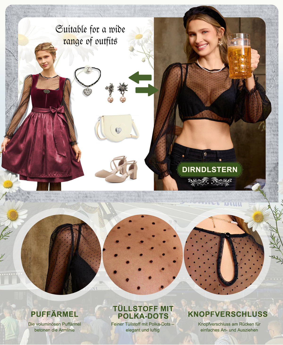 DIRNDLSTERN Bluse Damen Langarm – Dirndlbluse Transparent mit Punkten Trachtenbluse Puffärmel für Oktoberfest & Bayerische