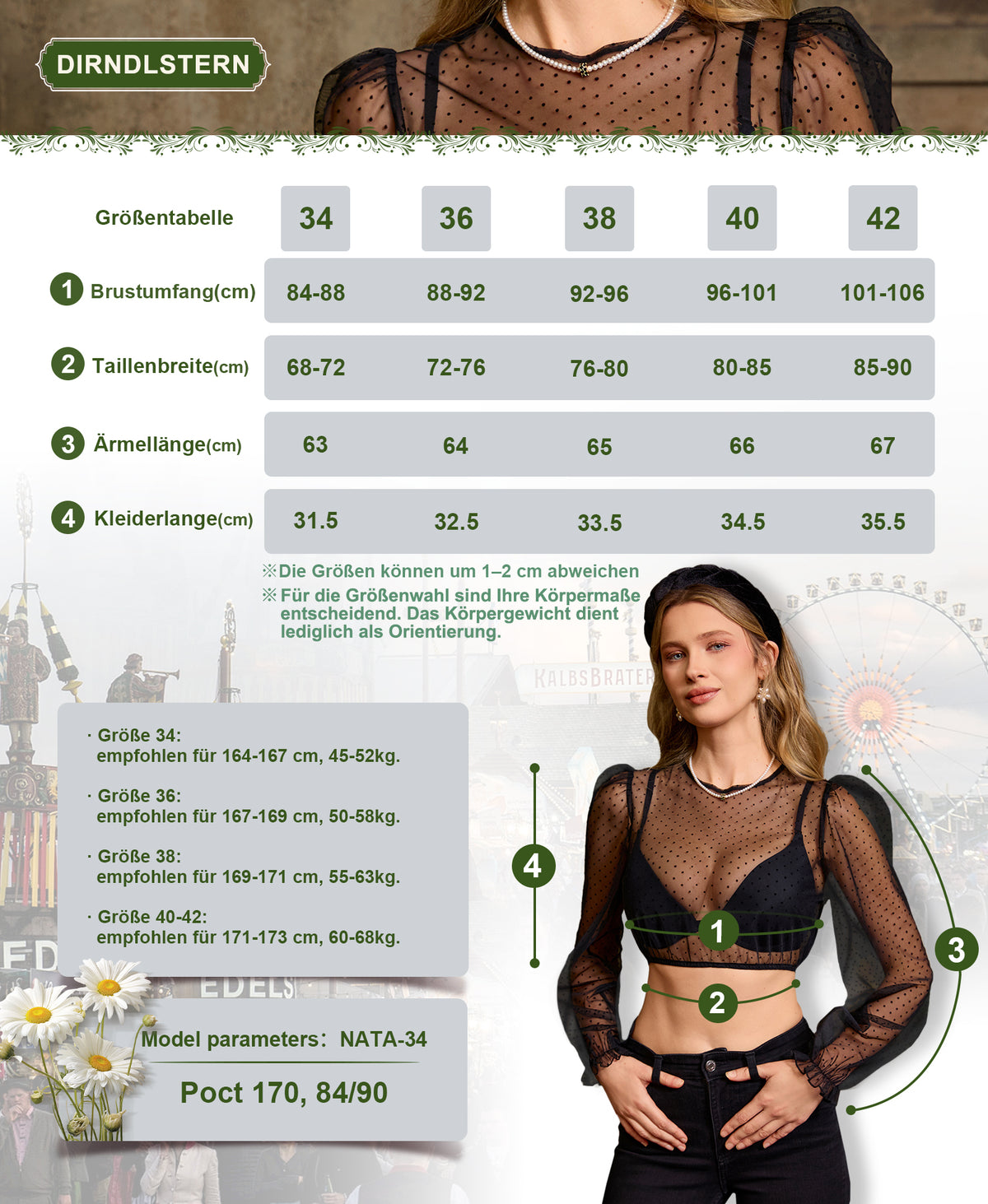 DIRNDLSTERN Bluse Damen Langarm – Dirndlbluse Transparent mit Punkten Trachtenbluse Puffärmel für Oktoberfest & Bayerische