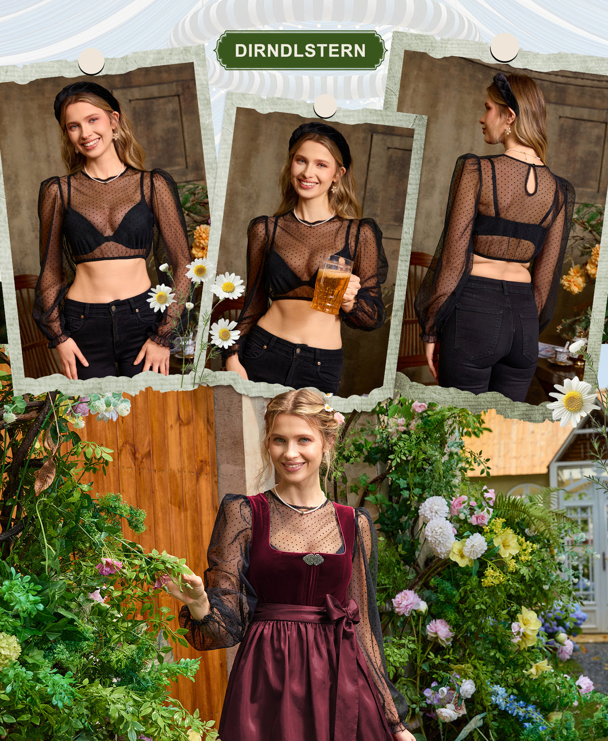 DIRNDLSTERN Bluse Damen Langarm – Dirndlbluse Transparent mit Punkten Trachtenbluse Puffärmel für Oktoberfest & Bayerische