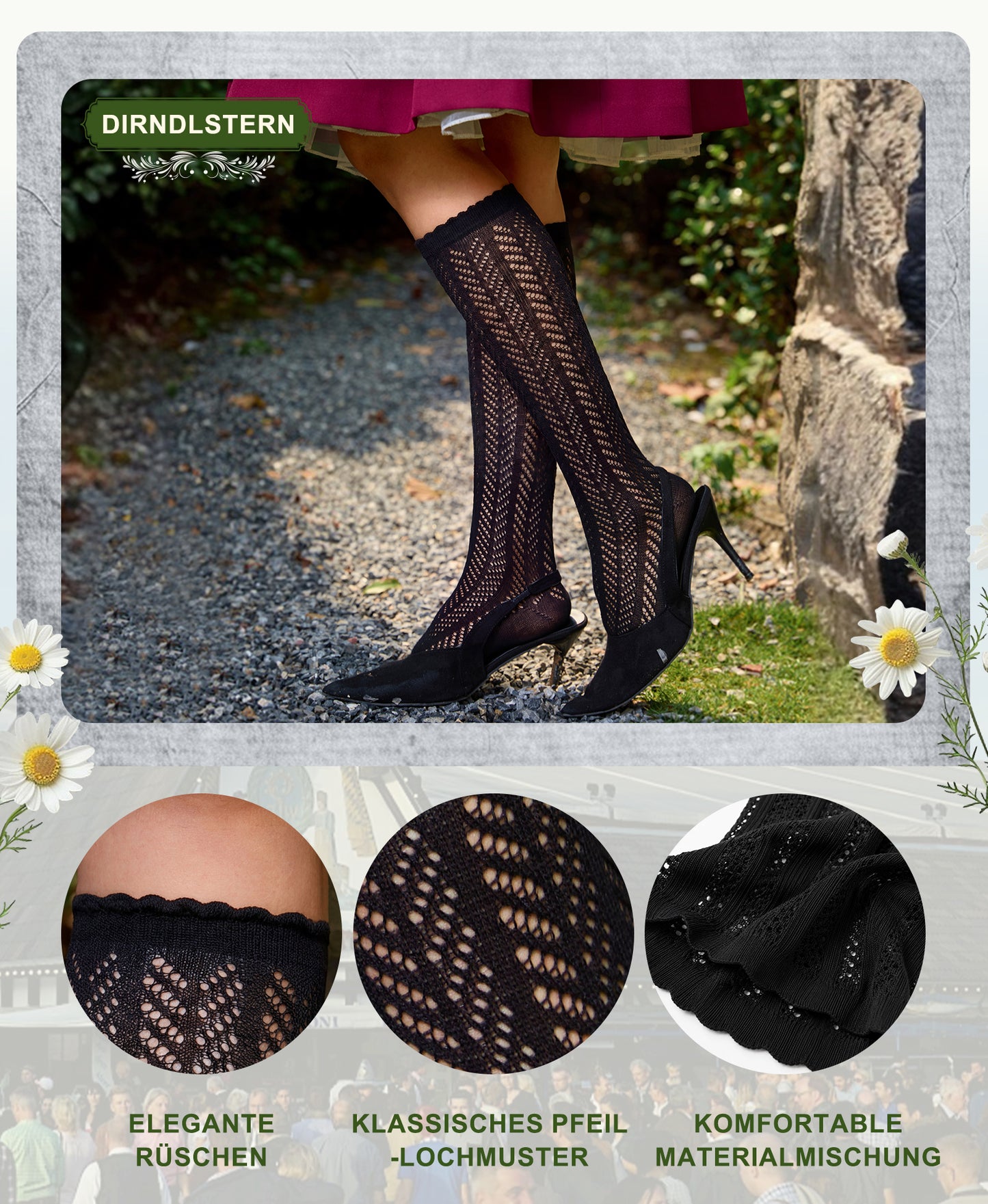 DIRNDLSTERN Trachtenstrümpfe Damen Socken – Trachtensocken Söckchen mit Rüschen für Oktoberfest