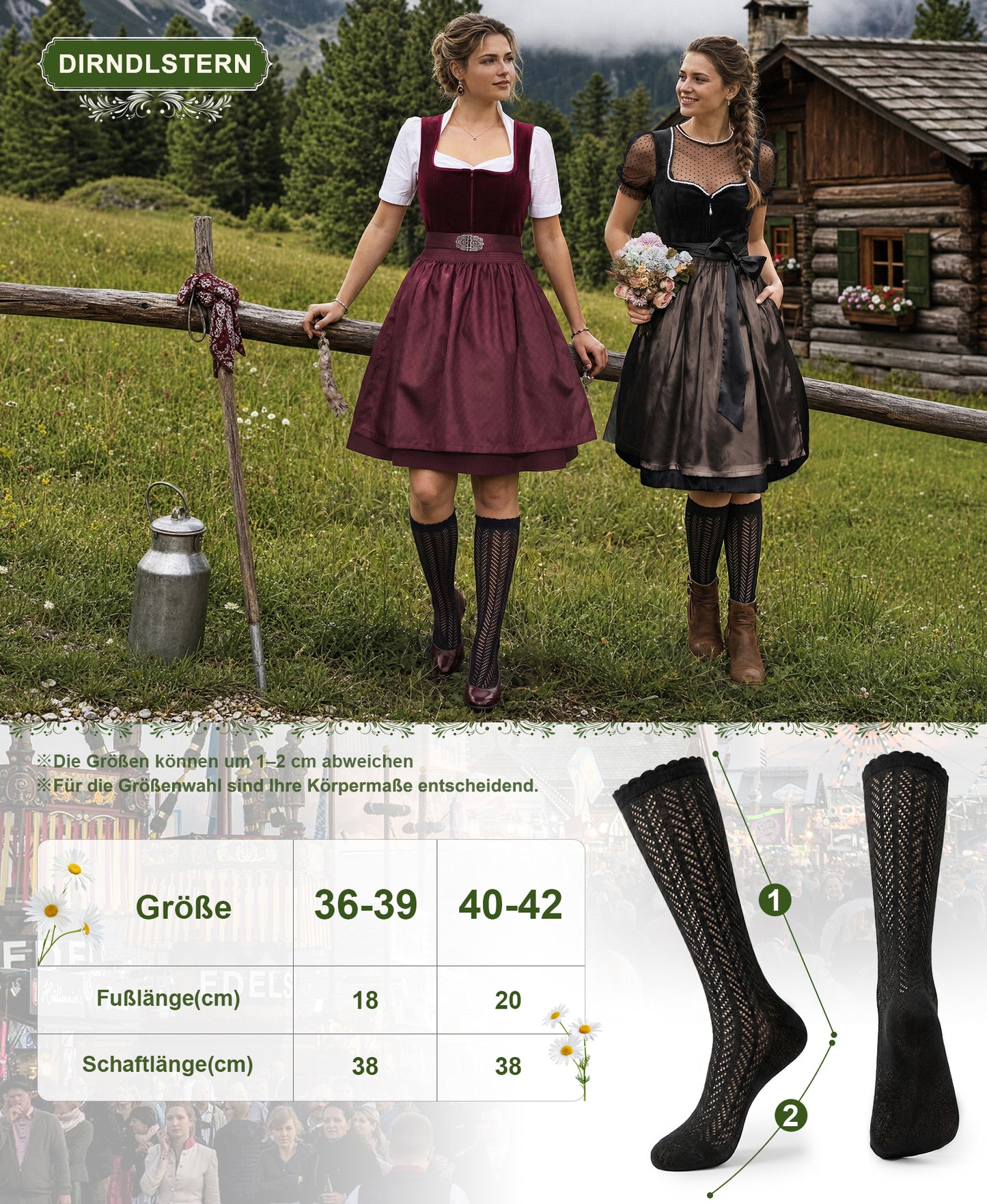 DIRNDLSTERN Trachtenstrümpfe Damen Socken – Trachtensocken Söckchen mit Rüschen für Oktoberfest