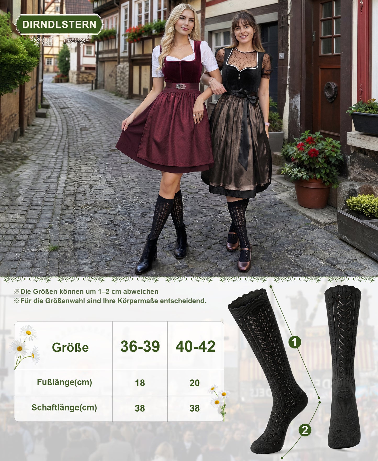 DIRNDLSTERN Trachtenstrümpfe Damen Trachten Socken - Dirndlstrümpfe Trachtensocken Söckchen mit Rüschen für Oktoberfest