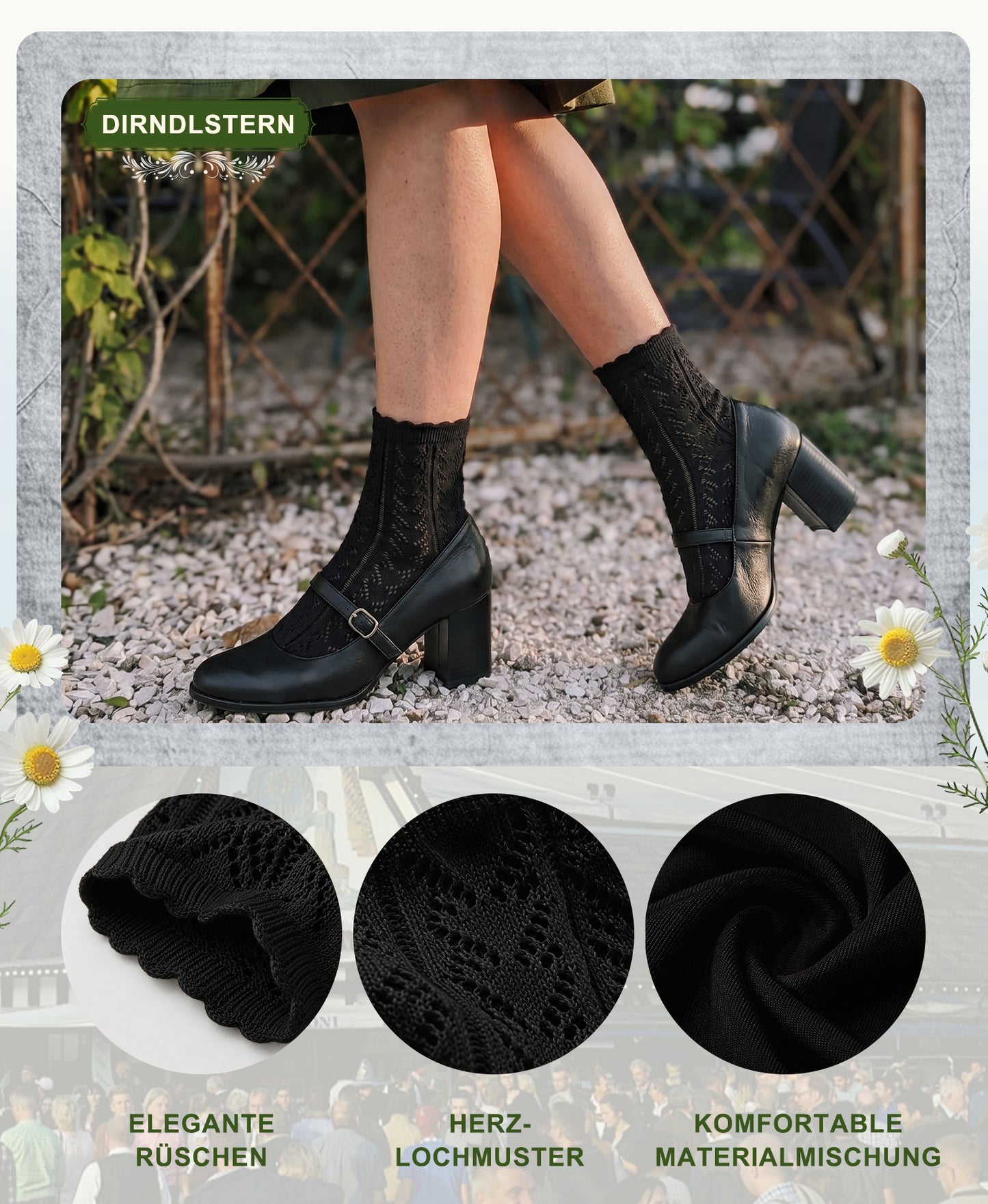 DIRNDLSTERN Trachtensocken Damen Socken – Trachtenstrümpfe Trachten Söckchen mit Rüschen für Oktoberfest
