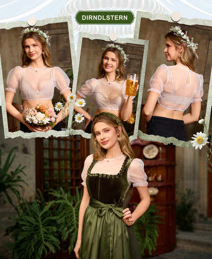 DIRNDLSTERN Bluse Damen – Dirndlbluse Transparent mit Punkten Puffärmel Trachtenbluse Kurzarm für Oktoberfest & Bayerische