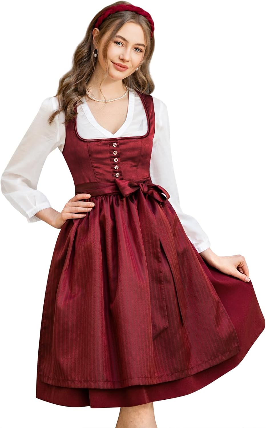 Damen Midi Rot –Trachtenkleid Damen Dirndlkleid mit Plissee Dirndlschürze für Oktoberfest