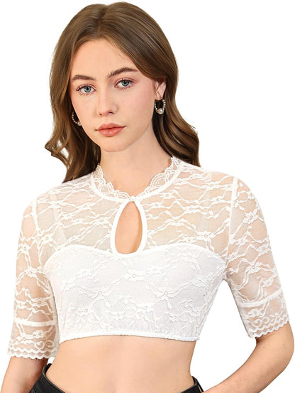 Bluse Damen Weiß – Elegante Kurzarm Dirndlbluse mit Spitze und Teardrop-Ausschnitt für Oktoberfest