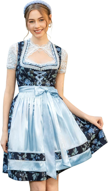 DIRNDLSTERN Damen Mini Blau - Trachtenkleid Baumwolle mit Blumenmuster Dirndlkleid mit Schürze und Ersatzknöpfen Ausgestattet
