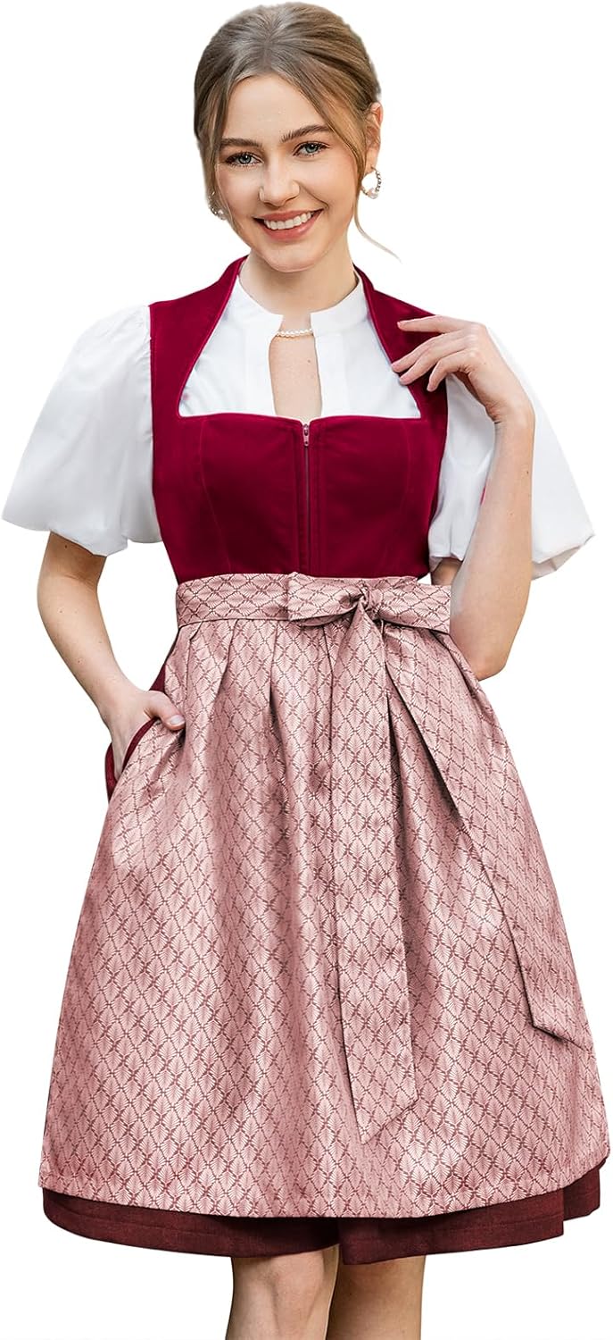 Damen Midi Rot–Elegantes Trachtenkleid Samt Plissee Schürze Perfekt für Oktoberfest