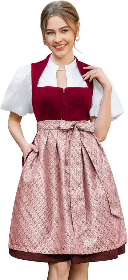 Damen Midi Rot–Elegantes Trachtenkleid Samt Plissee Schürze Perfekt für Oktoberfest