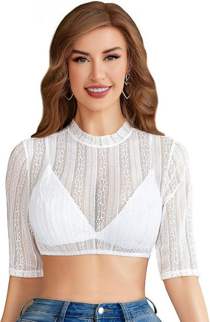 Funspread Damen Dirndl Bluse Spitze - Dirndlbluse Weiß Hochgeschlossene Langarm Trachtenbluse