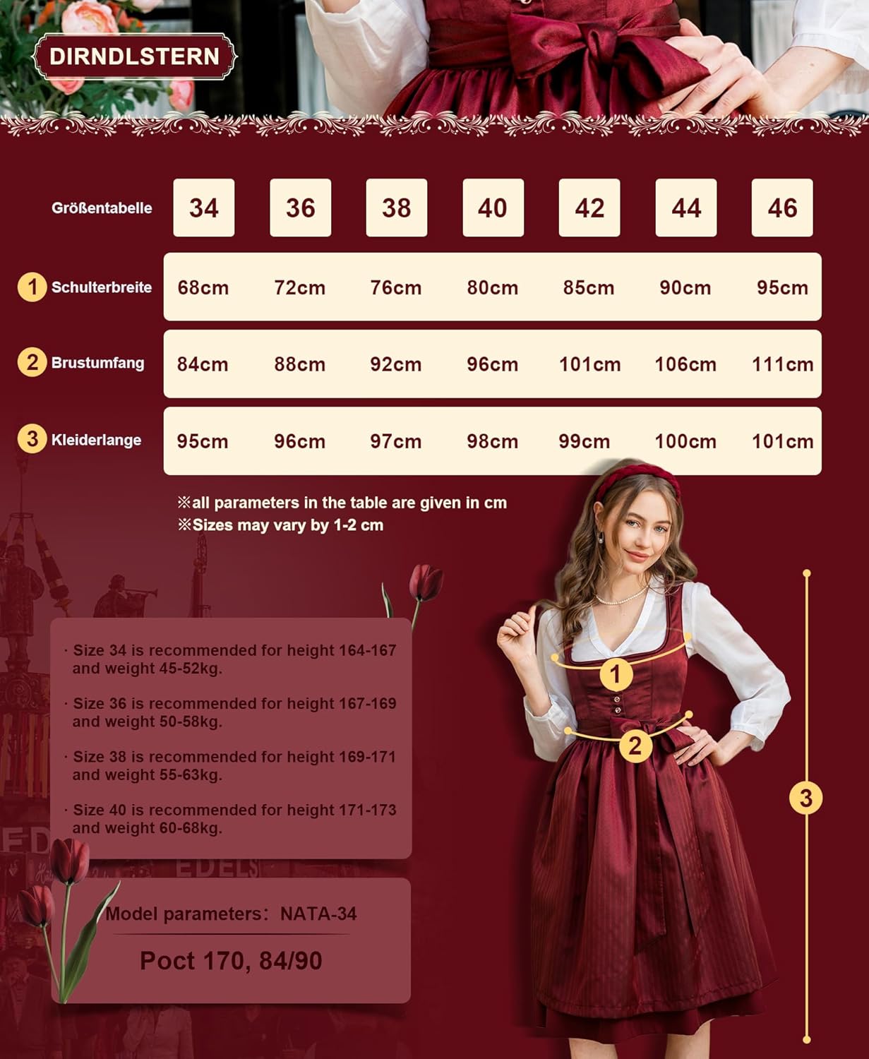Damen Midi Rot –Trachtenkleid Damen Dirndlkleid mit Plissee Dirndlschürze für Oktoberfest
