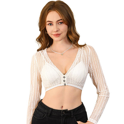 Damen Dirndlbluse Spitze Langarm - Weiß Bluse V-Ausschnitt Knopfleiste Trachtenbluse für Oktoberfest