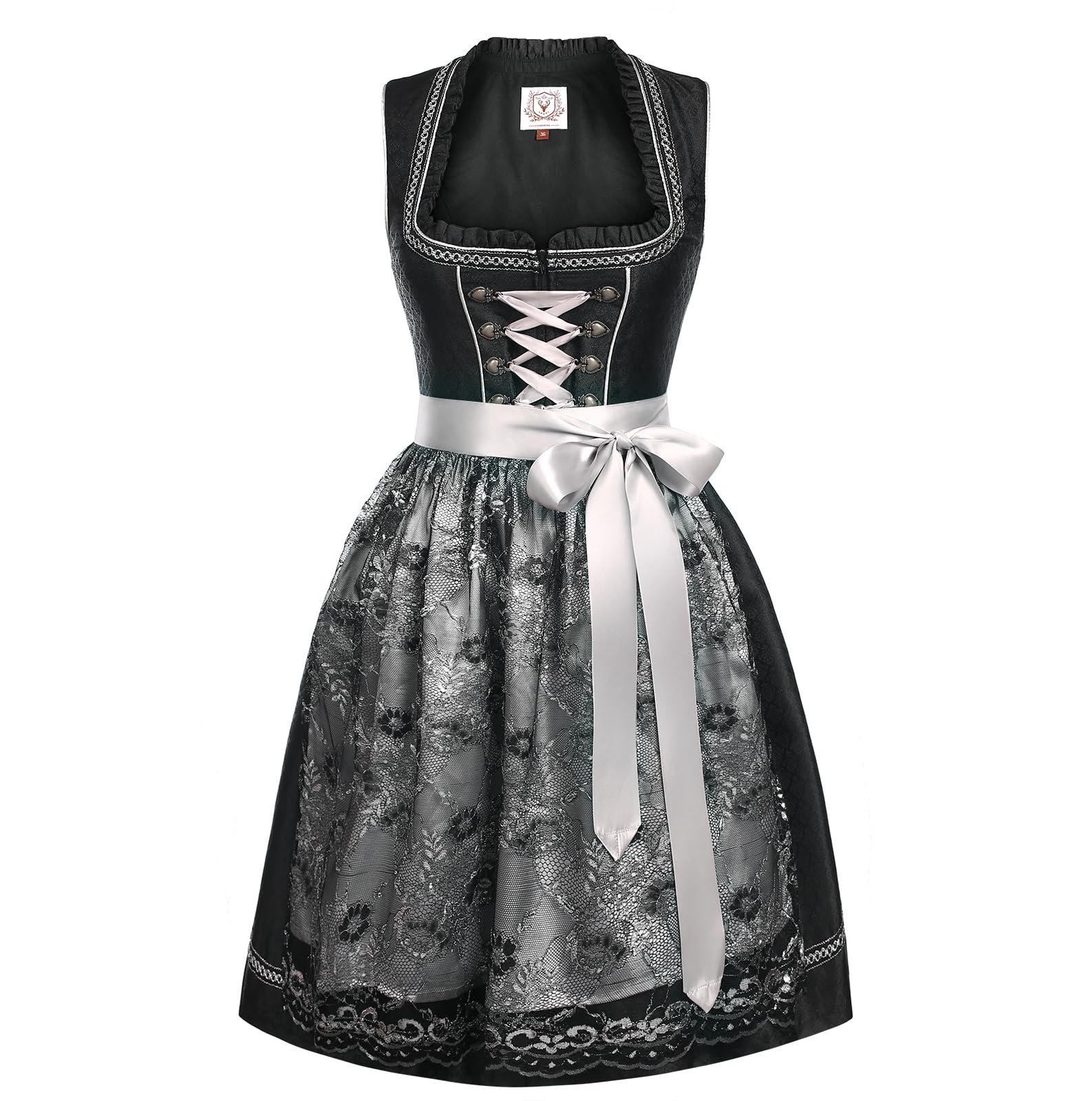 Dirndl Damen Midi Schwarz - Dirndlkleid mit Spitzenschürze Trachtenmode Kleid für Oktoberfest
