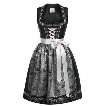 Dirndl Damen Midi Schwarz - Dirndlkleid mit Spitzenschürze Trachtenmode Kleid für Oktoberfest